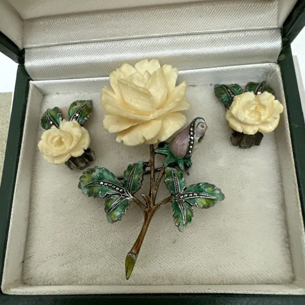 alice caviness Sterling Set Brooch & Earrings Enameled Stems Germany EUC